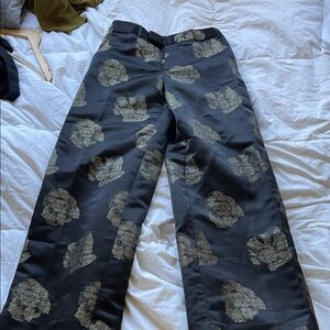Banana Republic Black Wide-Leg Pants with Gold Floral Motif